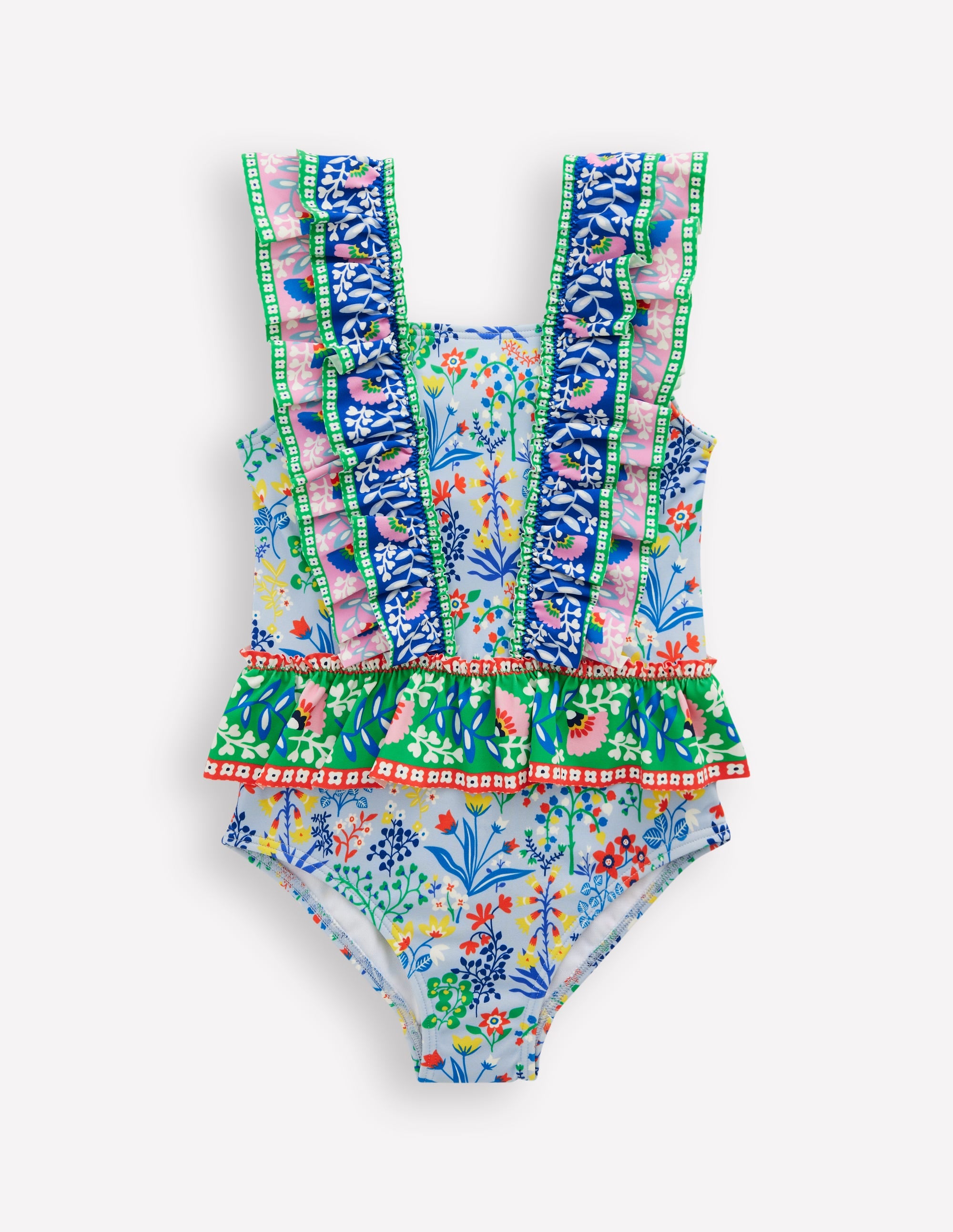 Frill Peplum Swimsuit-Misty Blue Garden Floral - Image 1