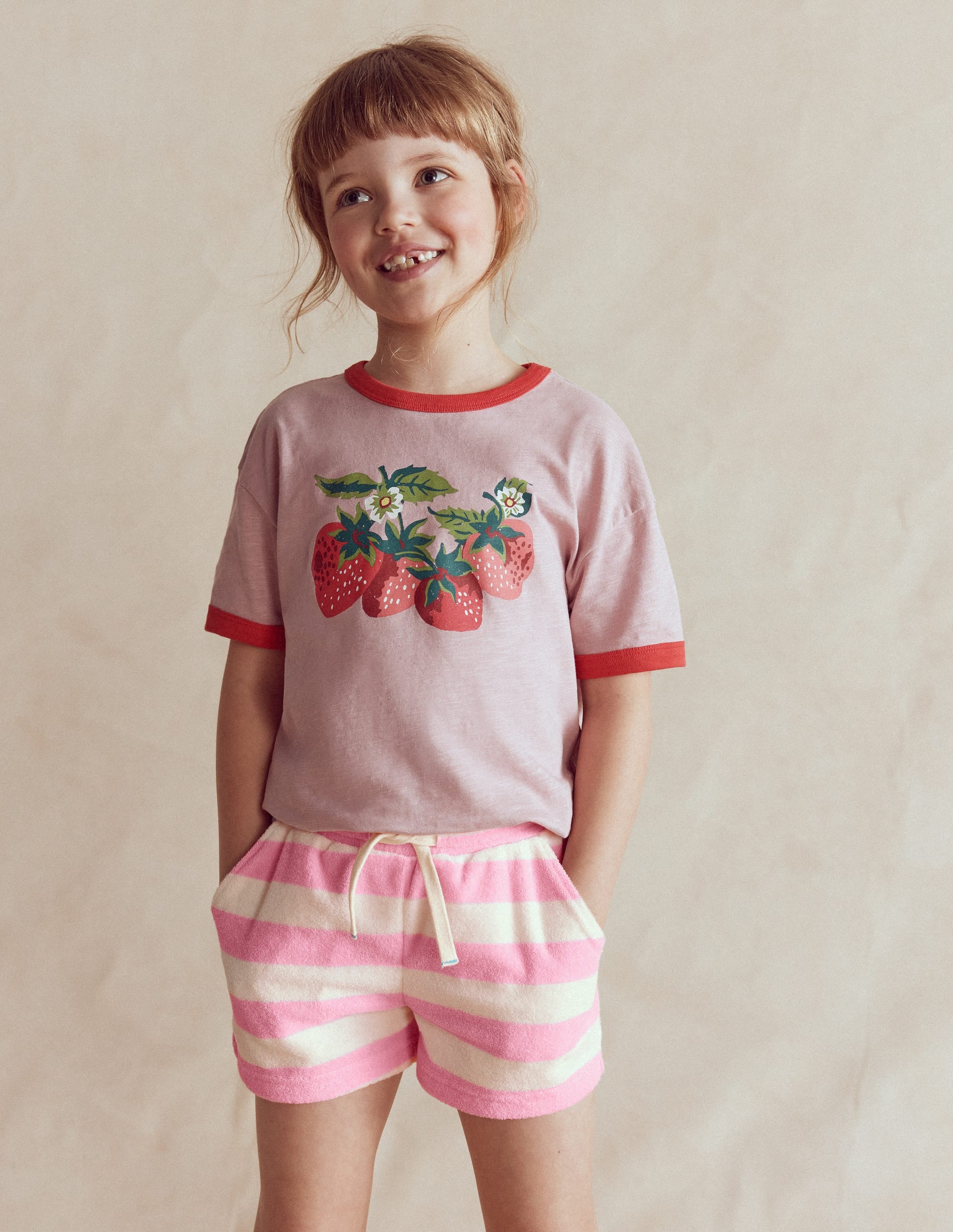Patch Pocket Towelling short-Spring Blossom Pink Stripe - Image 1