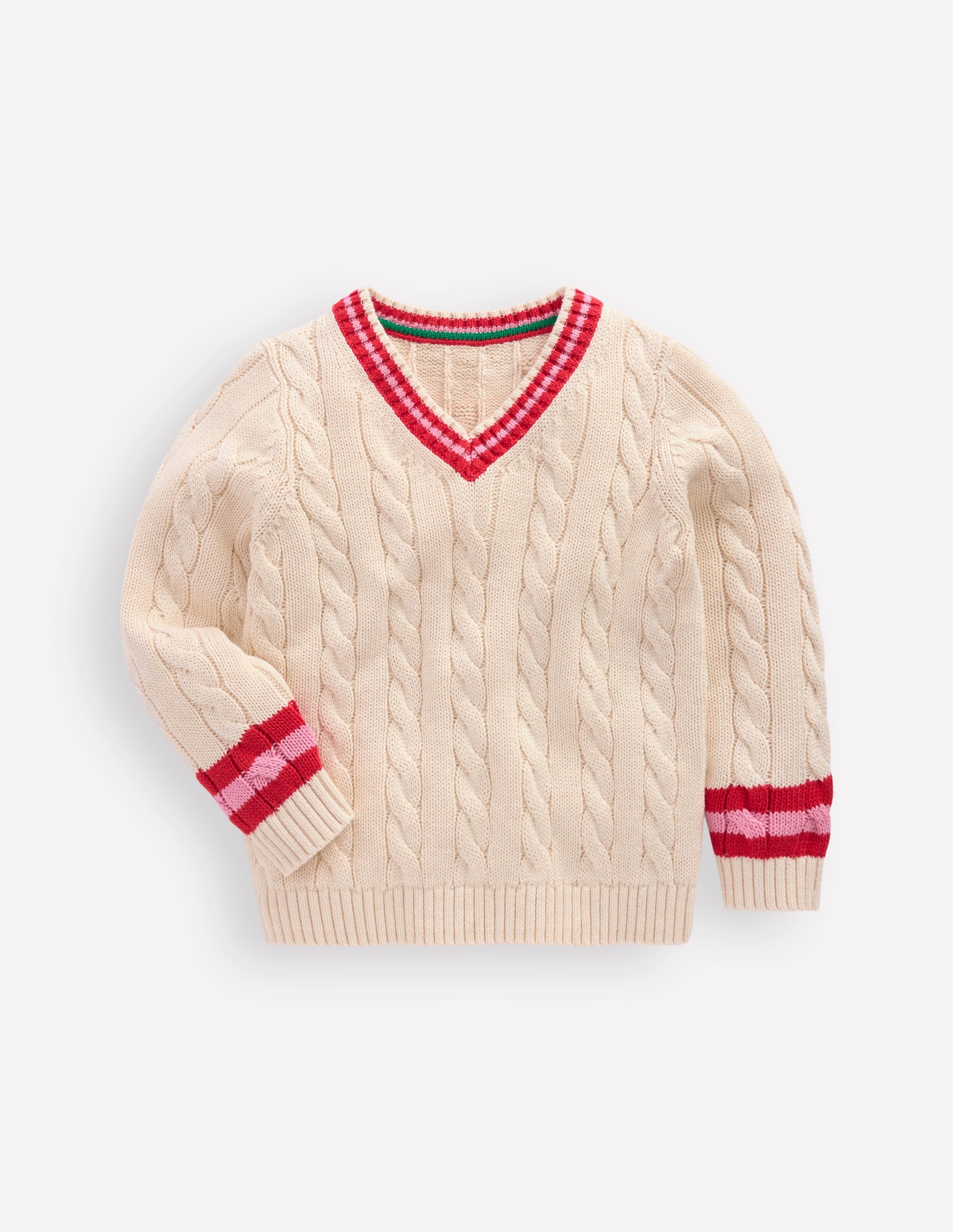 V-neck Cable Sweater-Ecru Marl - Image 1