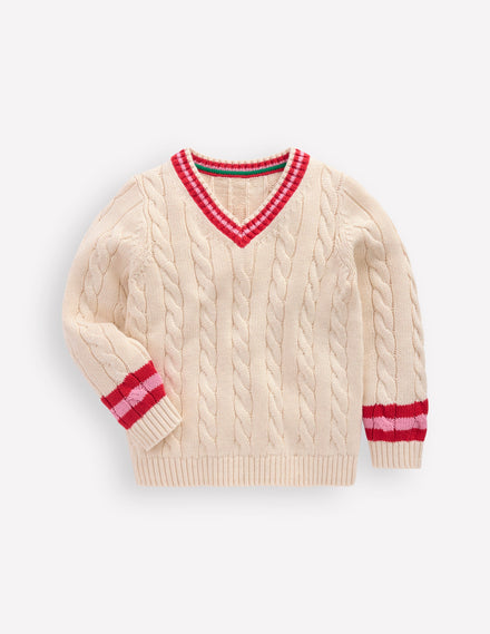 V-neck Cable Sweater-Ecru Marl