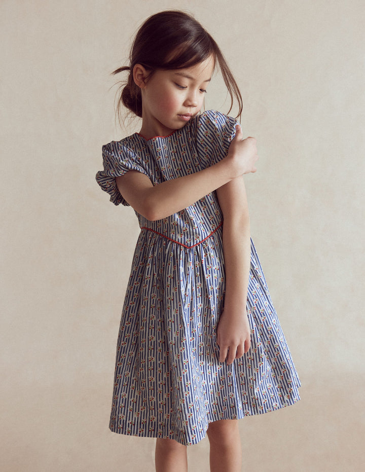 V-waist Woven Dress-Bluejay Cherry Stripe