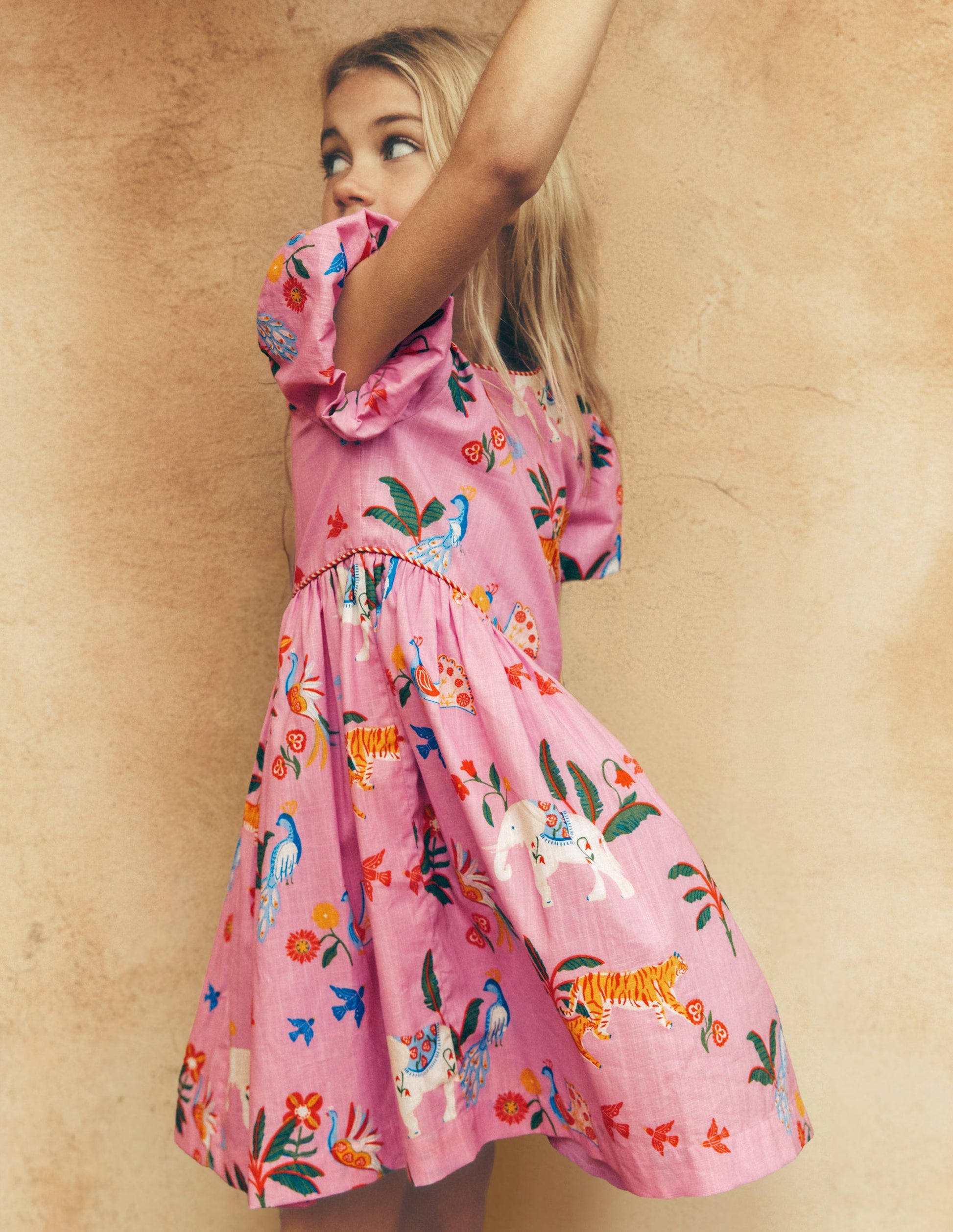 V-waist Woven Dress-Formica Pink Tropical Animals-5