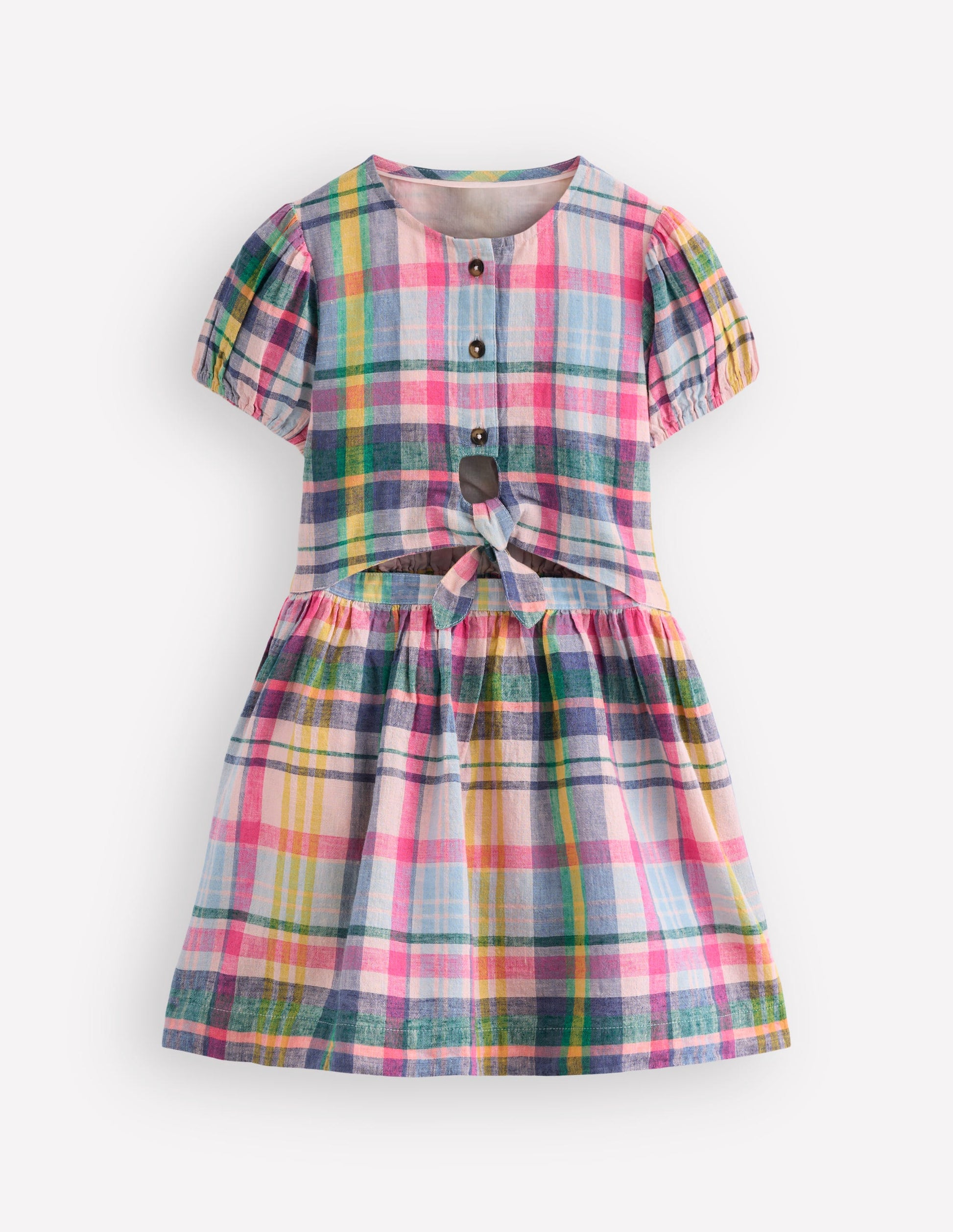 Tie Front Woven Dress-Blue, Pink and Green Check-2