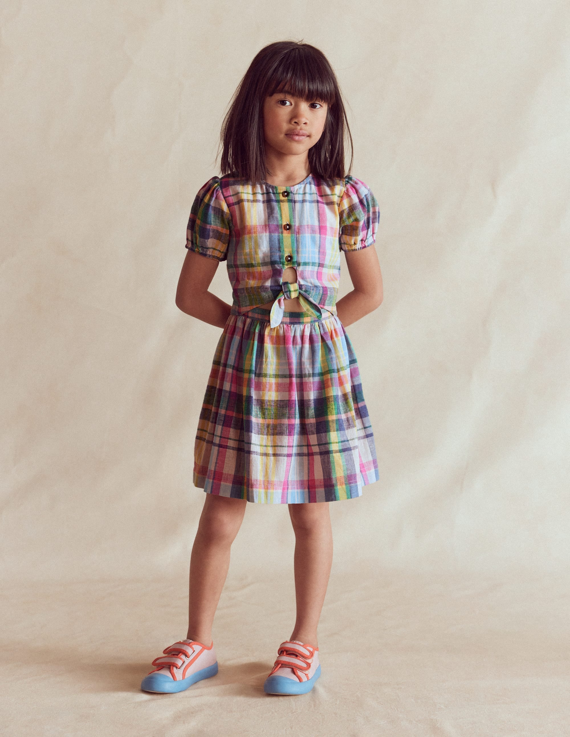 Tie Front Woven Dress-Blue, Pink and Green Check - Image 1