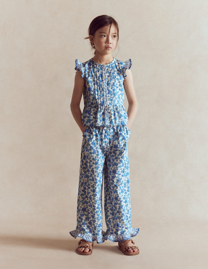 Frill Hem Pants-Blue Floral Hotch Potch