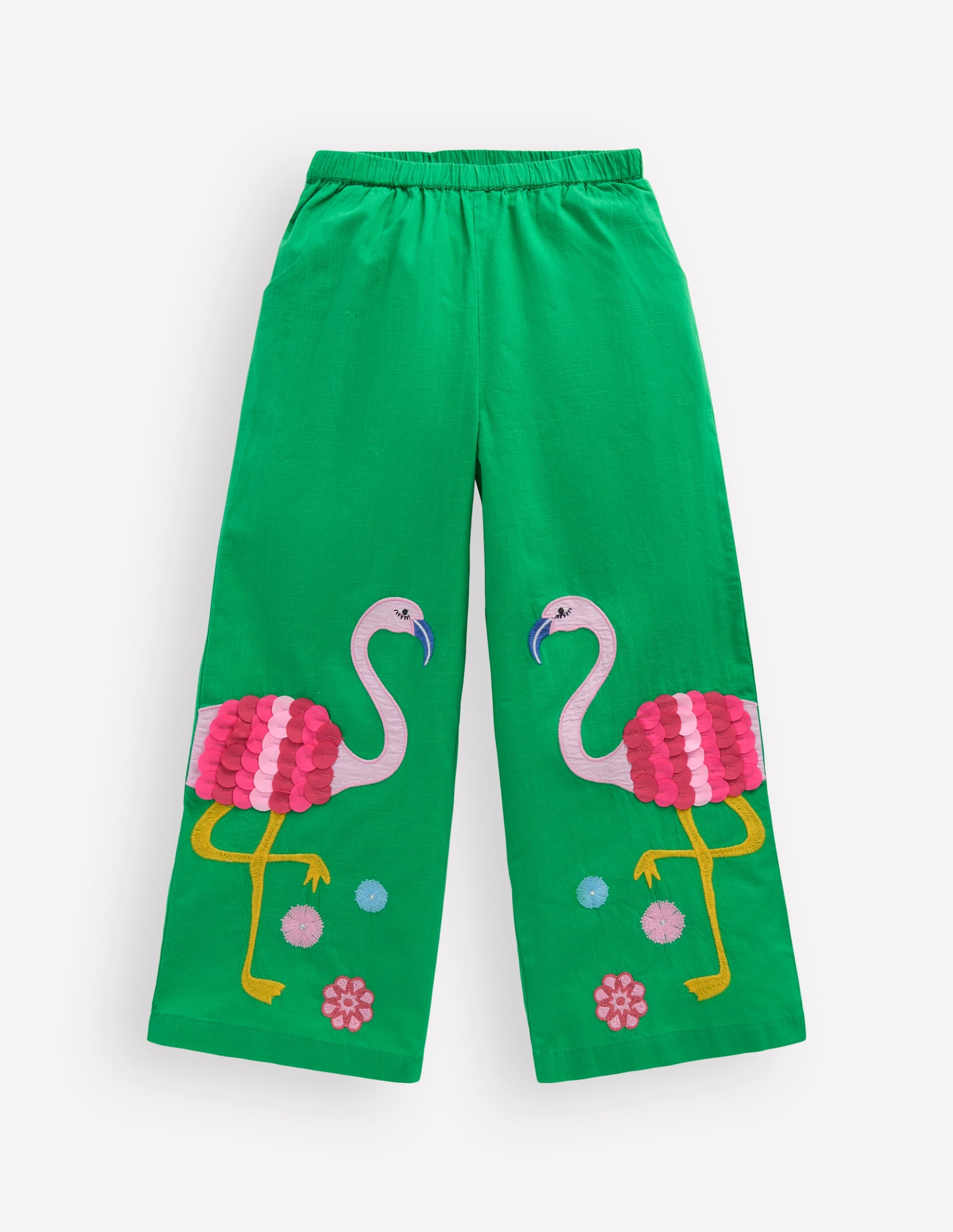 Applique Pull-on Pants-Green Flamingos - Image 1