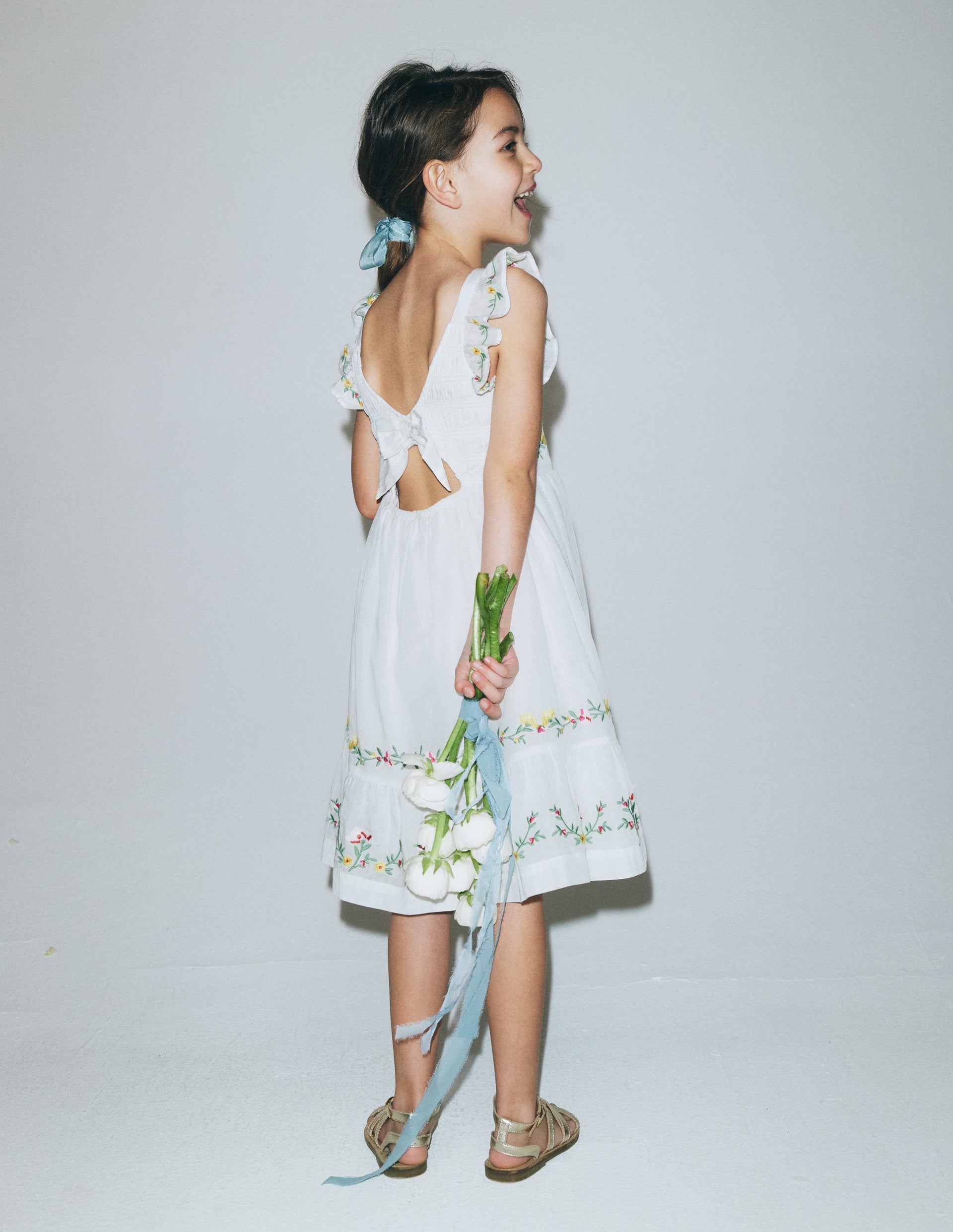 Boden Girls Shirred Bow Back Detail Dress in White