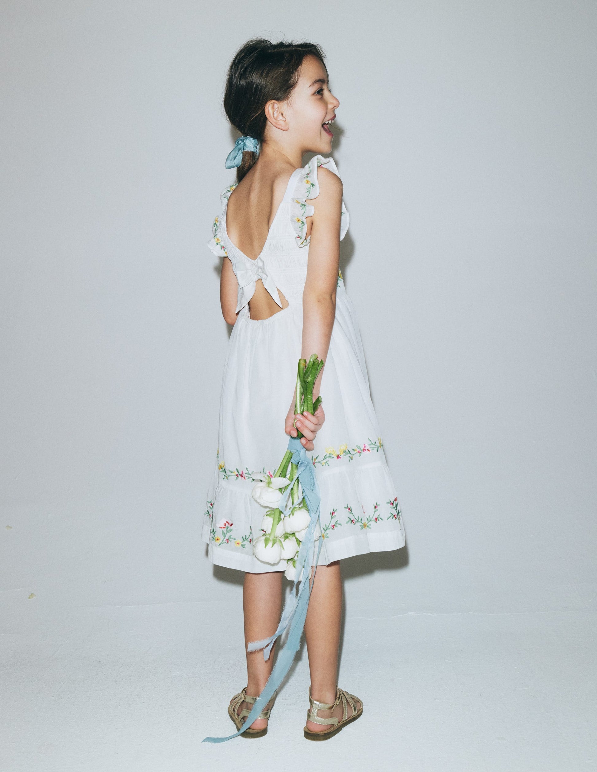 Shirred Bow Back Detail Dress-Soft Ivory-4