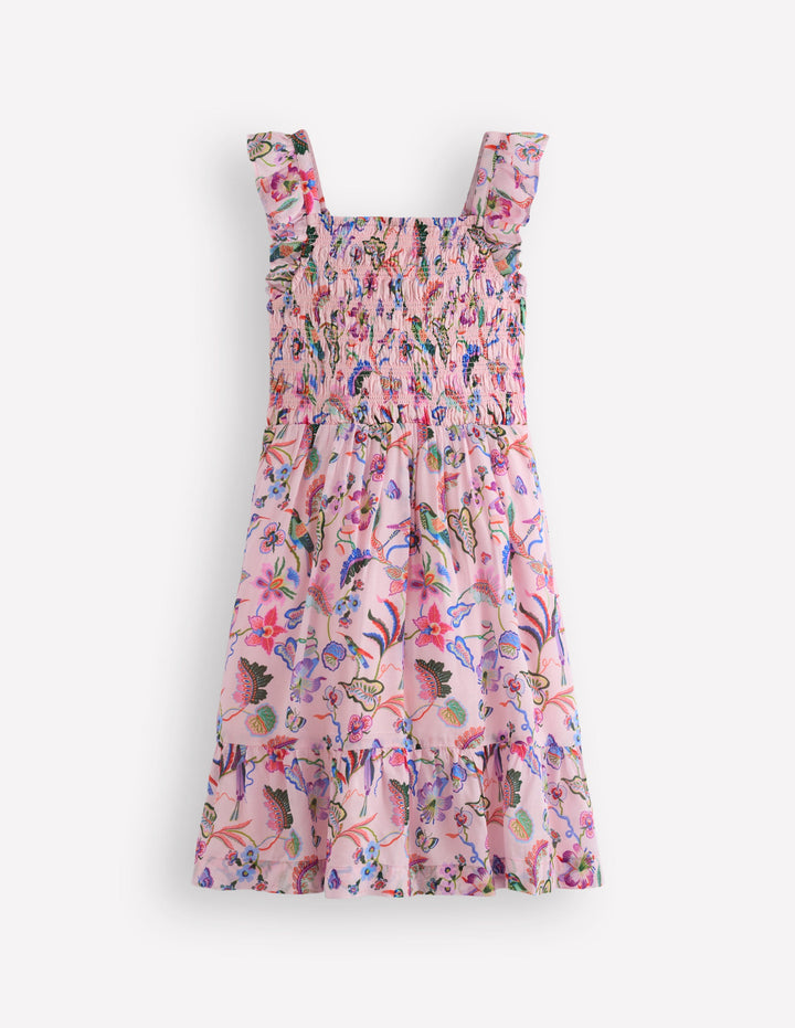 Shirred Embroidered Bow Dress-Multi Pink Floral