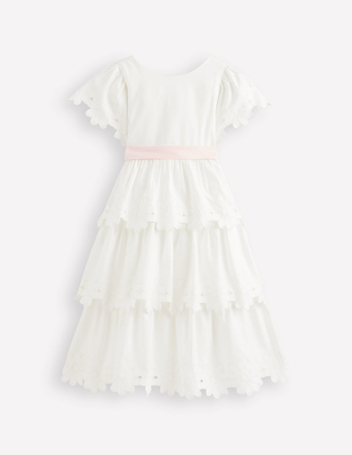 Tiered Flower Hem Dress-Soft Ivory