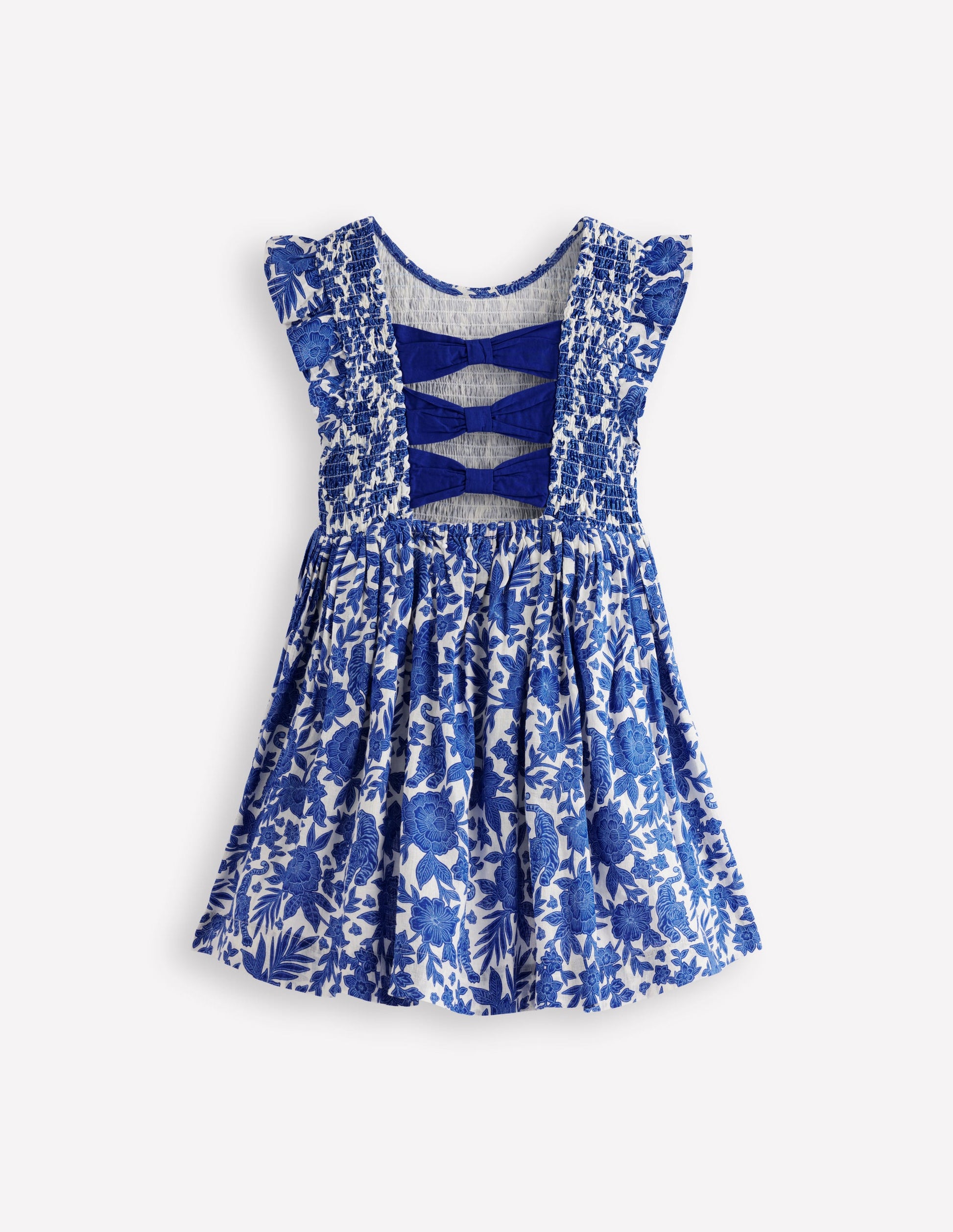 jungle party dress Boden Girls Bow Back Shirred Dress in Blue