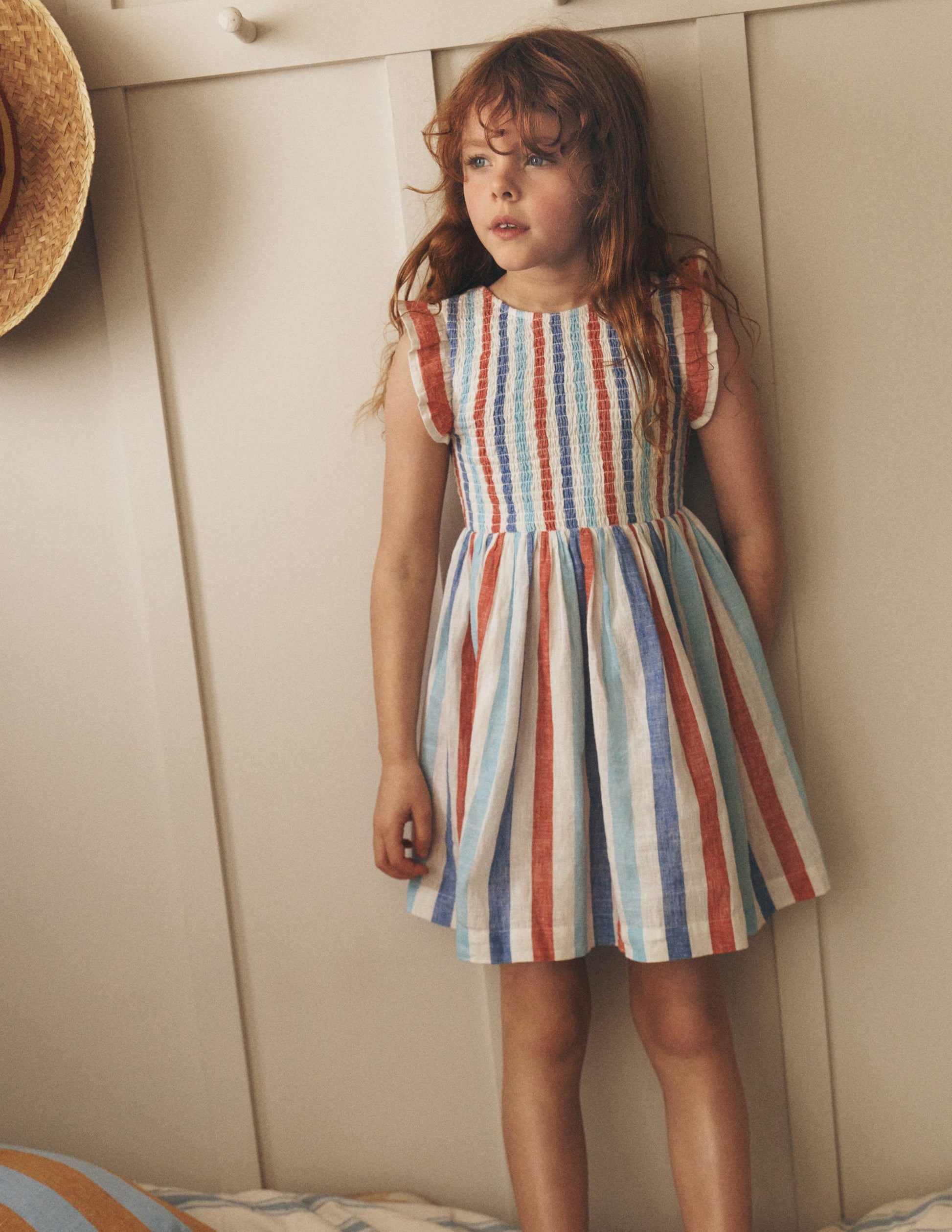 Bow Back Shirred Dress-Bright Blue/ Poppy Red Stripe-2
