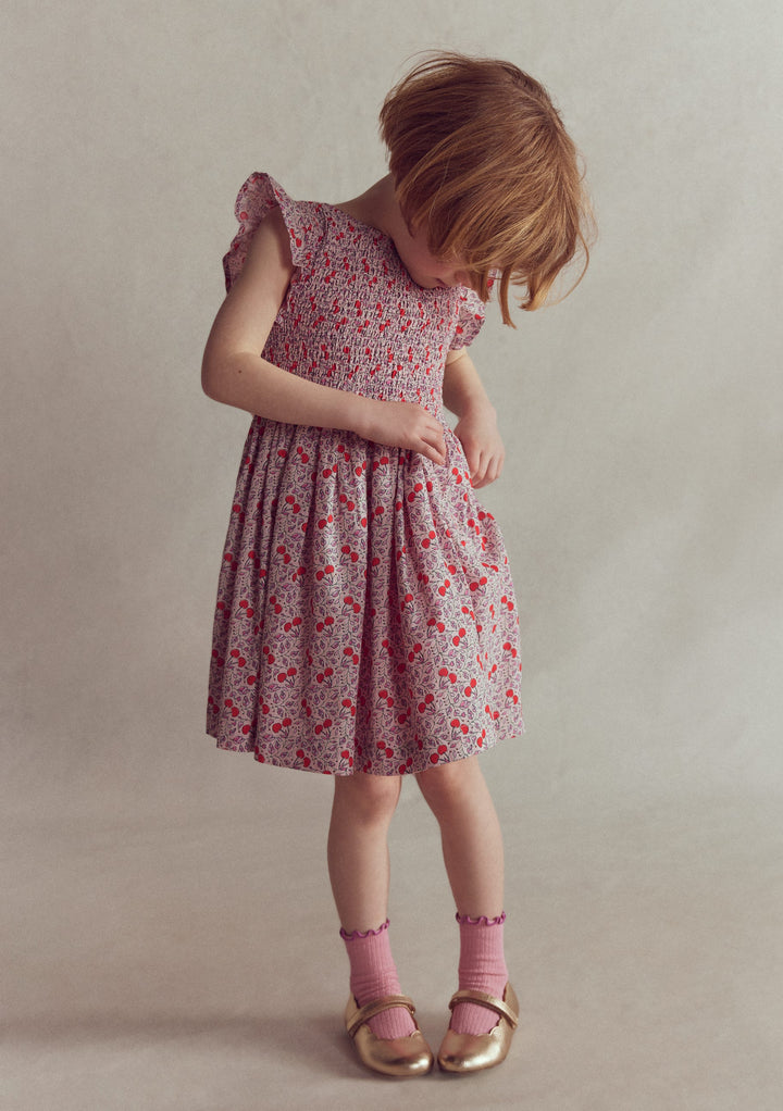 Bow Back Shirred Dress-Pink Cherries