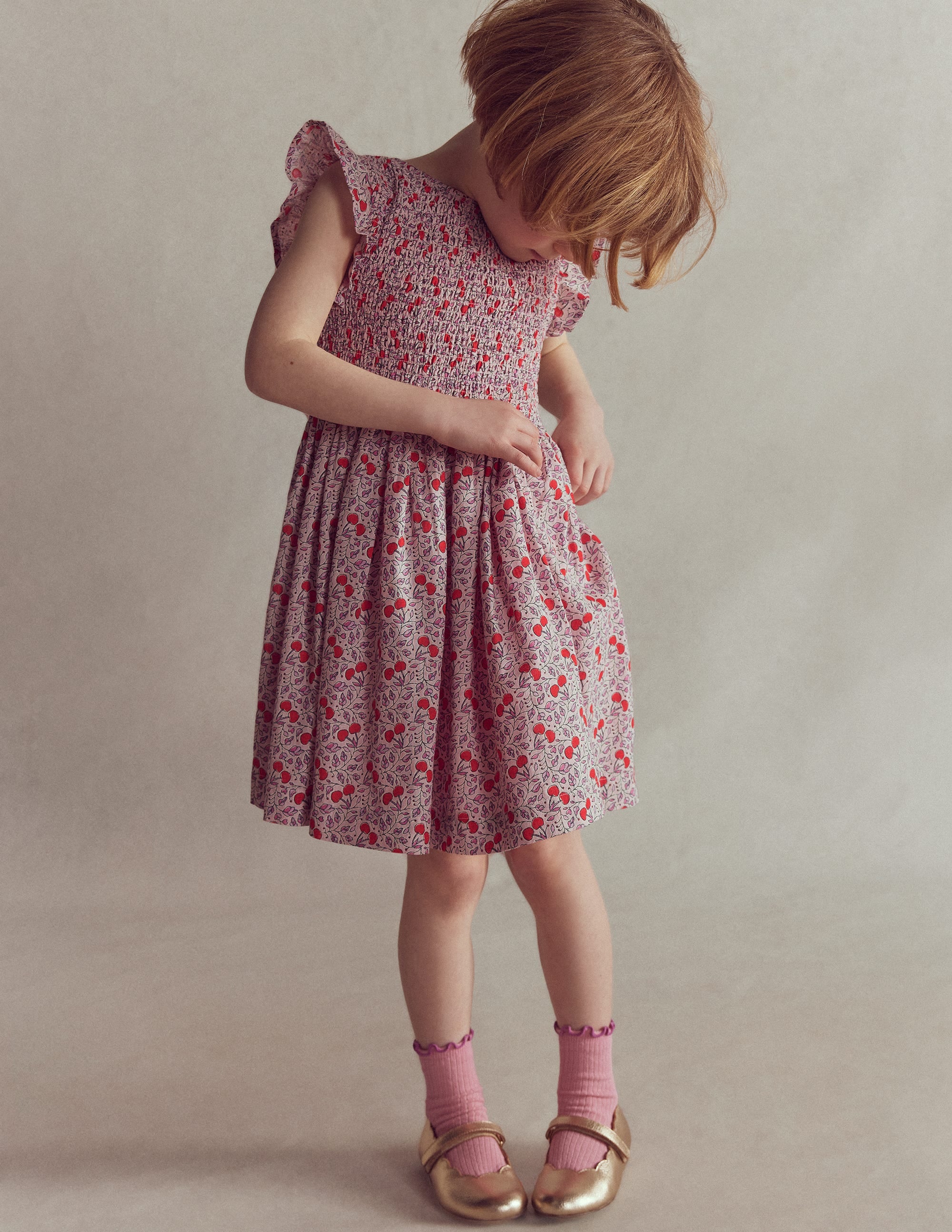 Bow Back Shirred Dress-Pink Cherries - Image 1