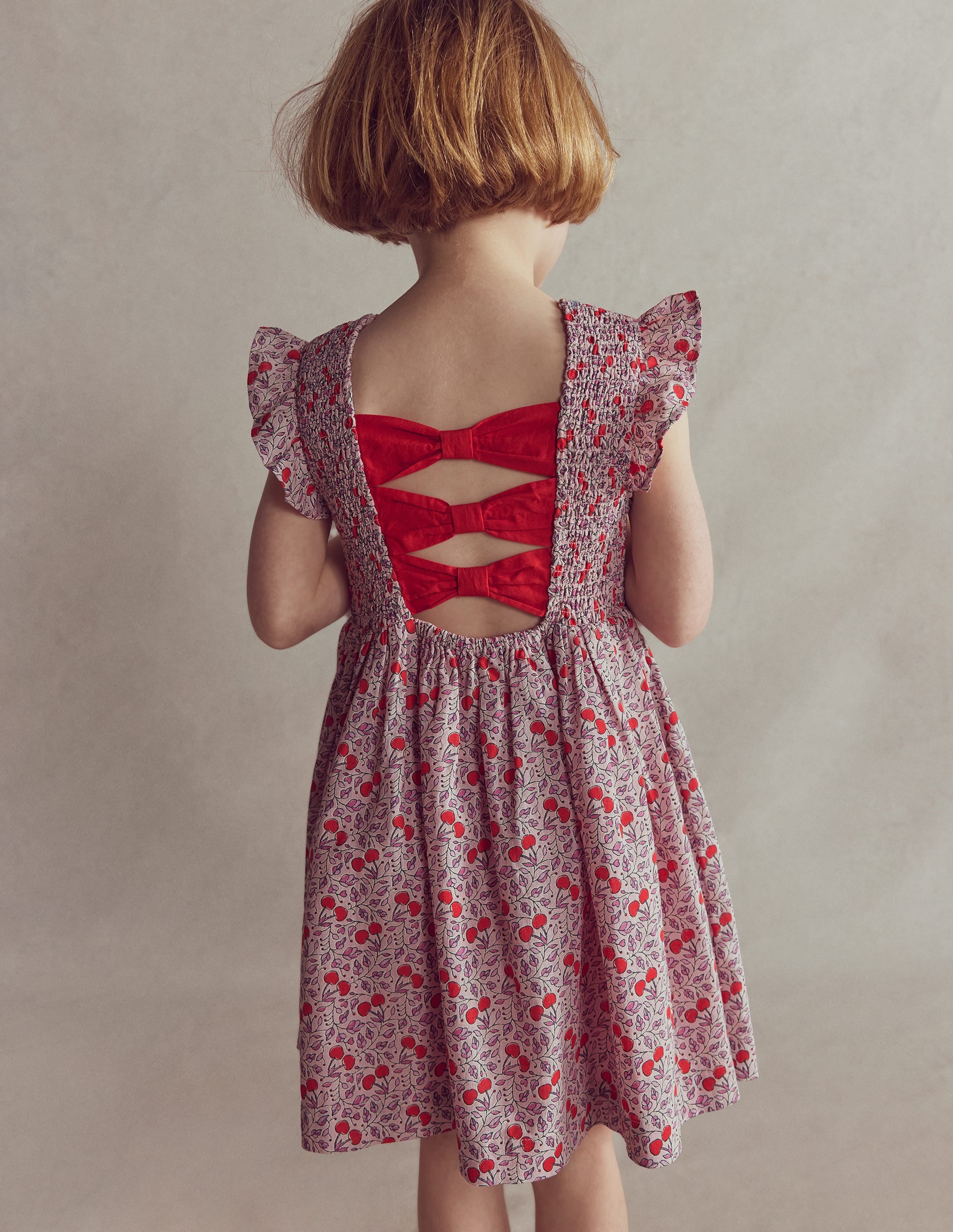 Bow Back Shirred Dress-Pink Cherries - Image 4
