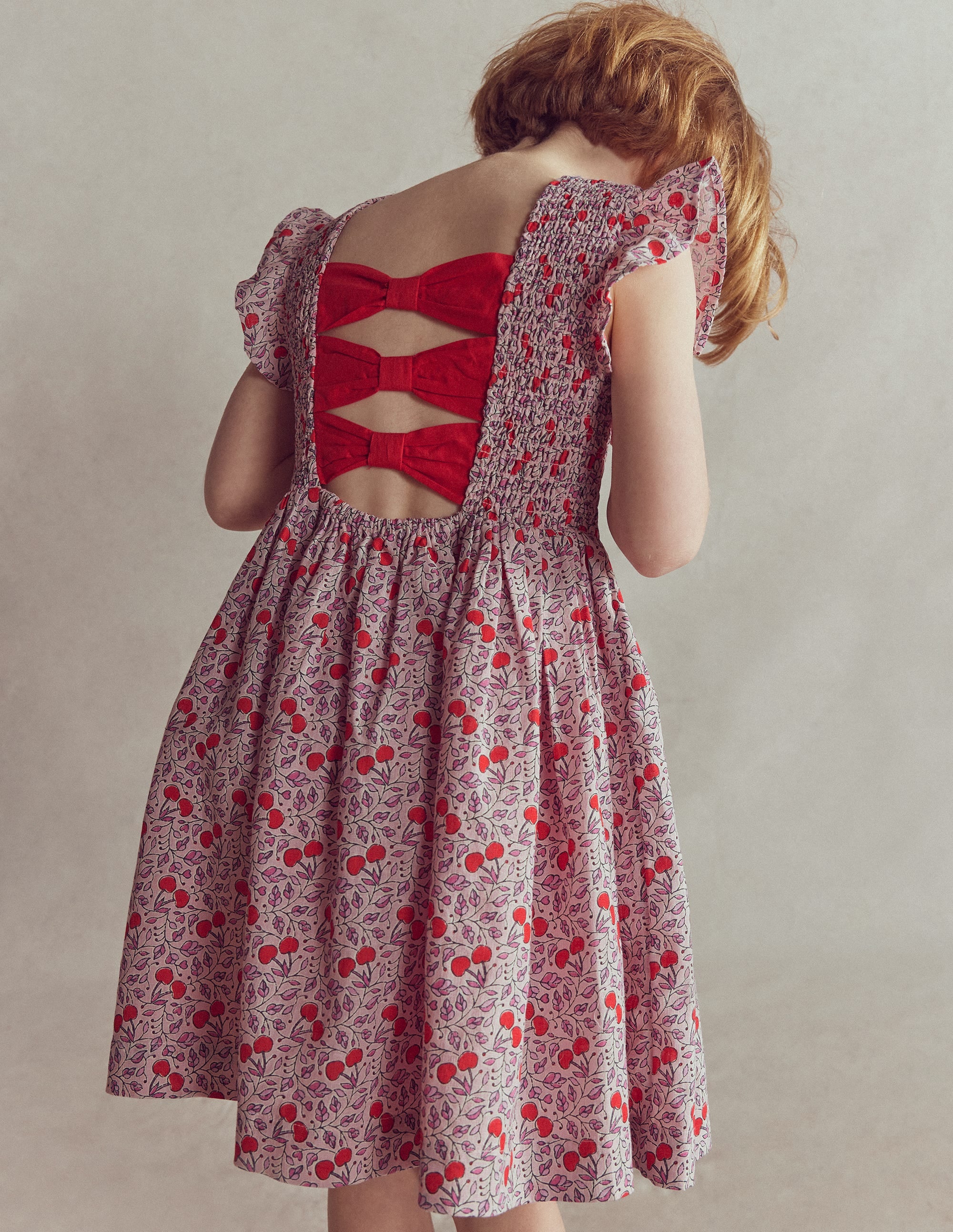 Bow Back Shirred Dress-Pink Cherries - Image 3