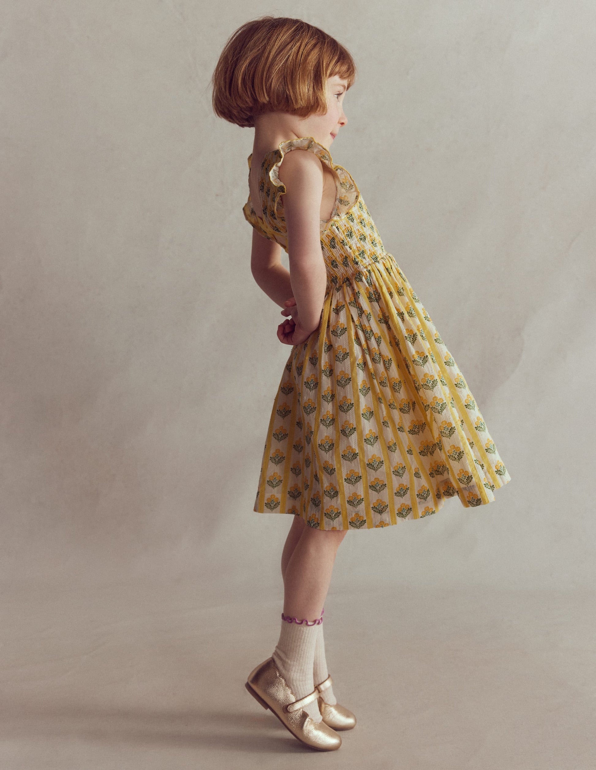 Bow Back Shirred Dress-Honeycomb Yellow Flower Stem-3