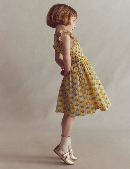 Bow Back Shirred Dress-Honeycomb Yellow Flower Stem
