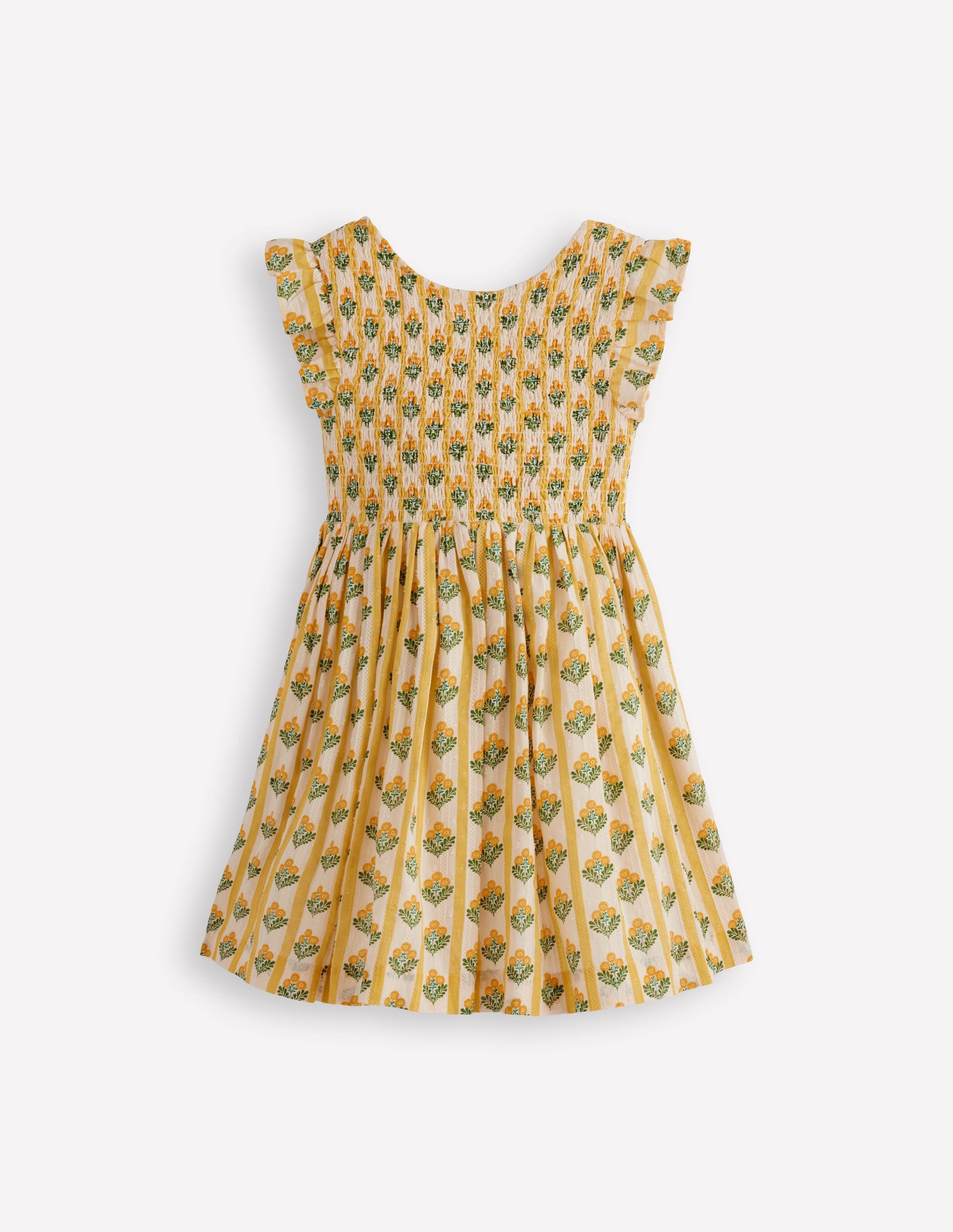 Bow Back Shirred Dress-Honeycomb Yellow Flower Stem-4