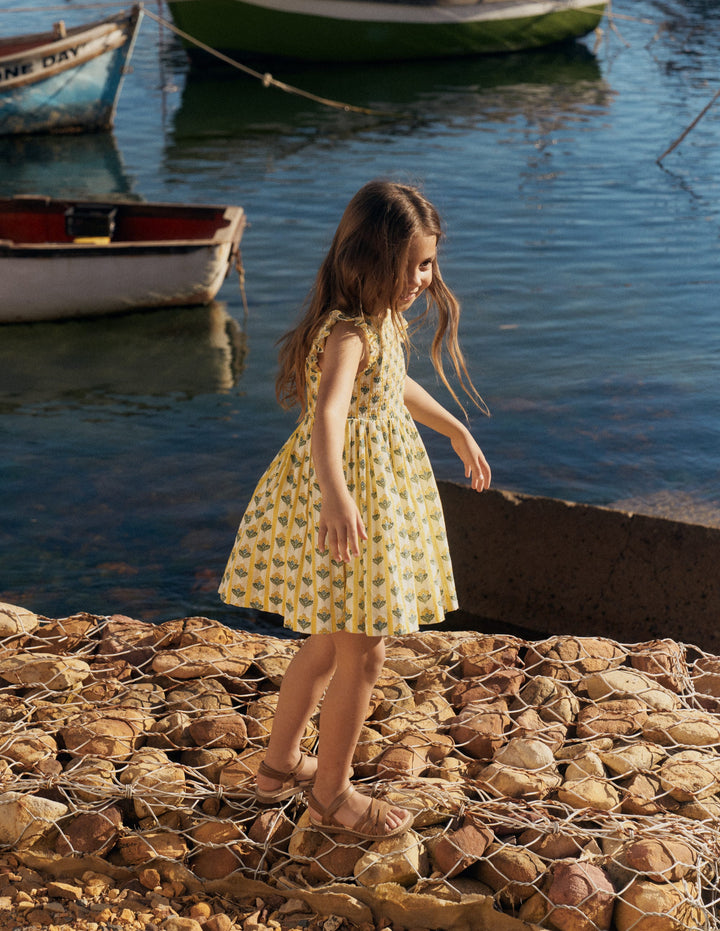 Bow Back Shirred Dress-Honeycomb Yellow Flower Stem