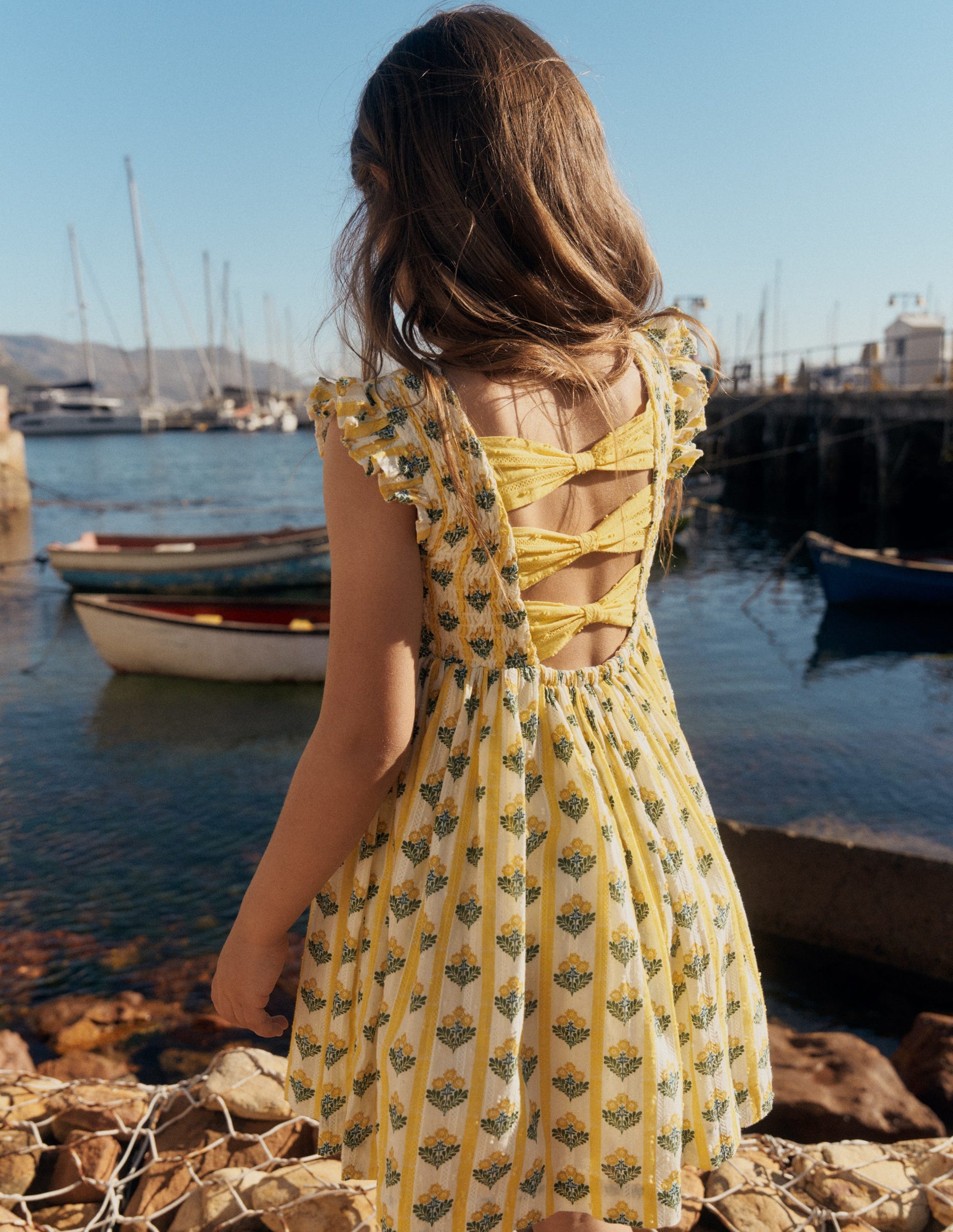 Bow Back Shirred Dress-Honeycomb Yellow Flower Stem-6