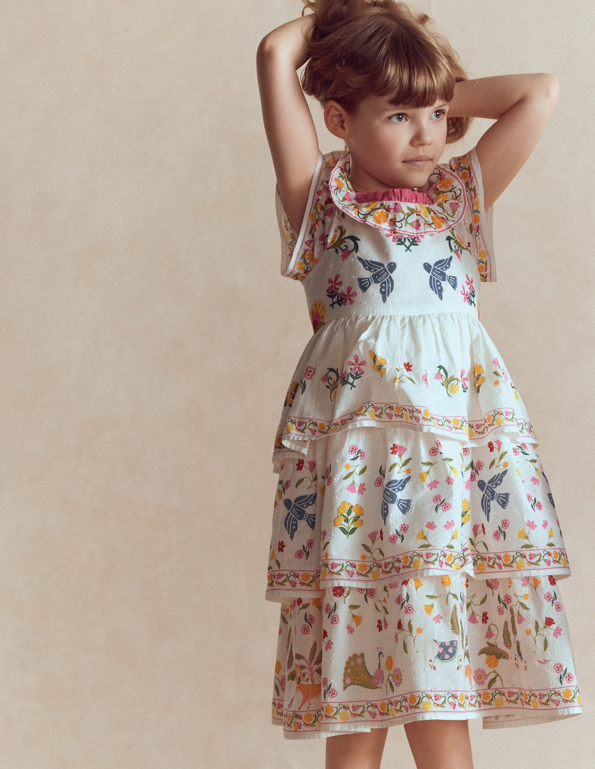 アイボリー maison celon frilly tiered dress Tiered Ruffle Woven Dress - Soft Ivory Jungle Placement | Boden USA