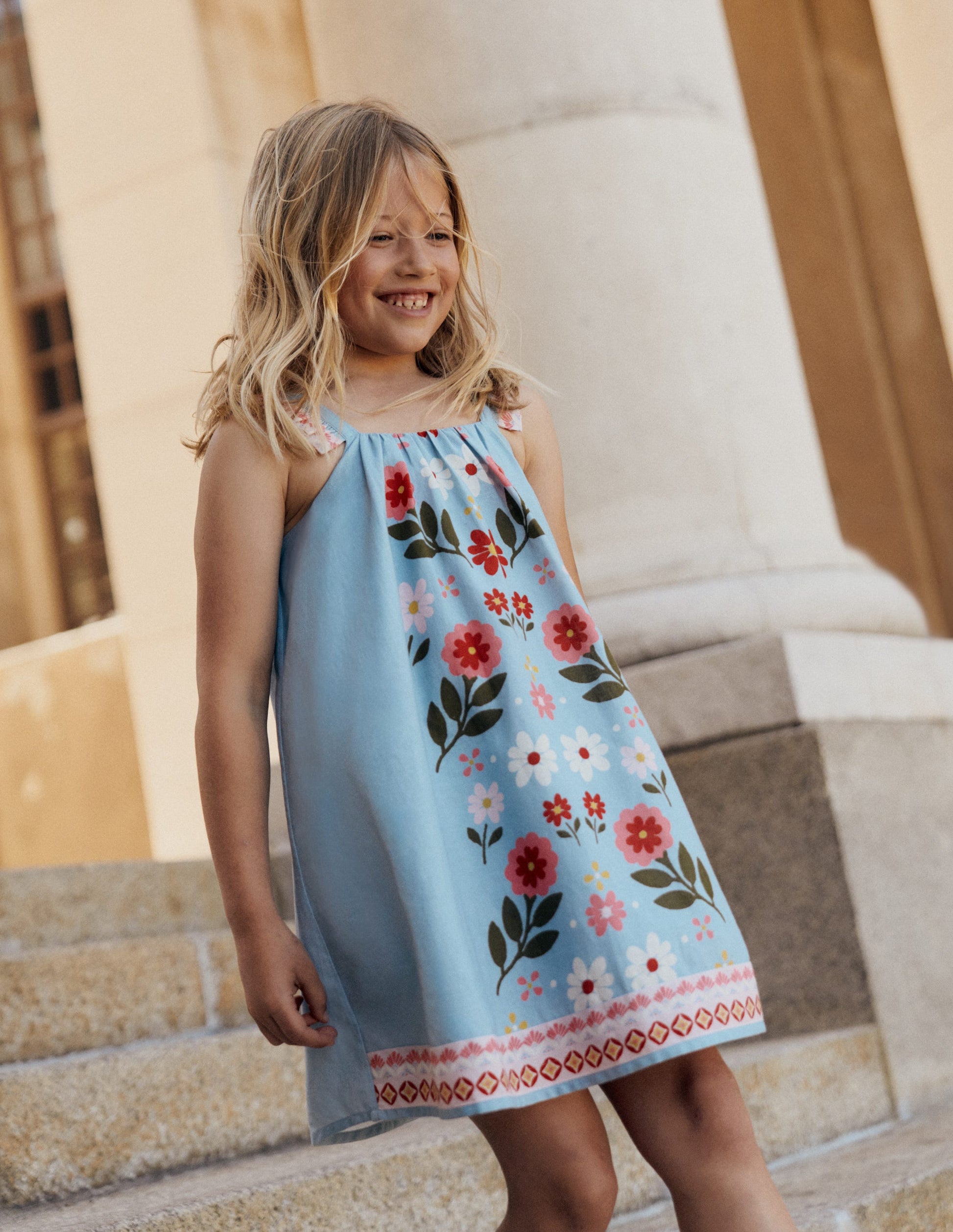Ruffle Strap Sundress - Vintage Blue Floral Placement