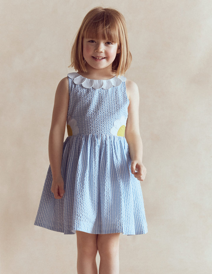 Novelty Cross-back Dress-Blue Daisy Applique