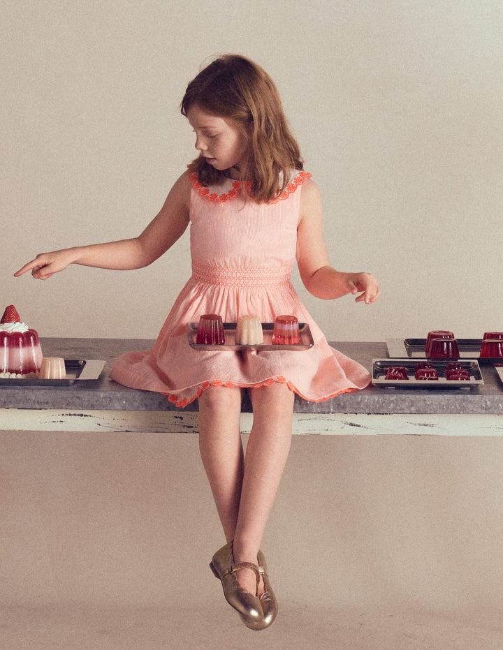 Nostalgic Broderie Dress-Neon Coral Seersucker