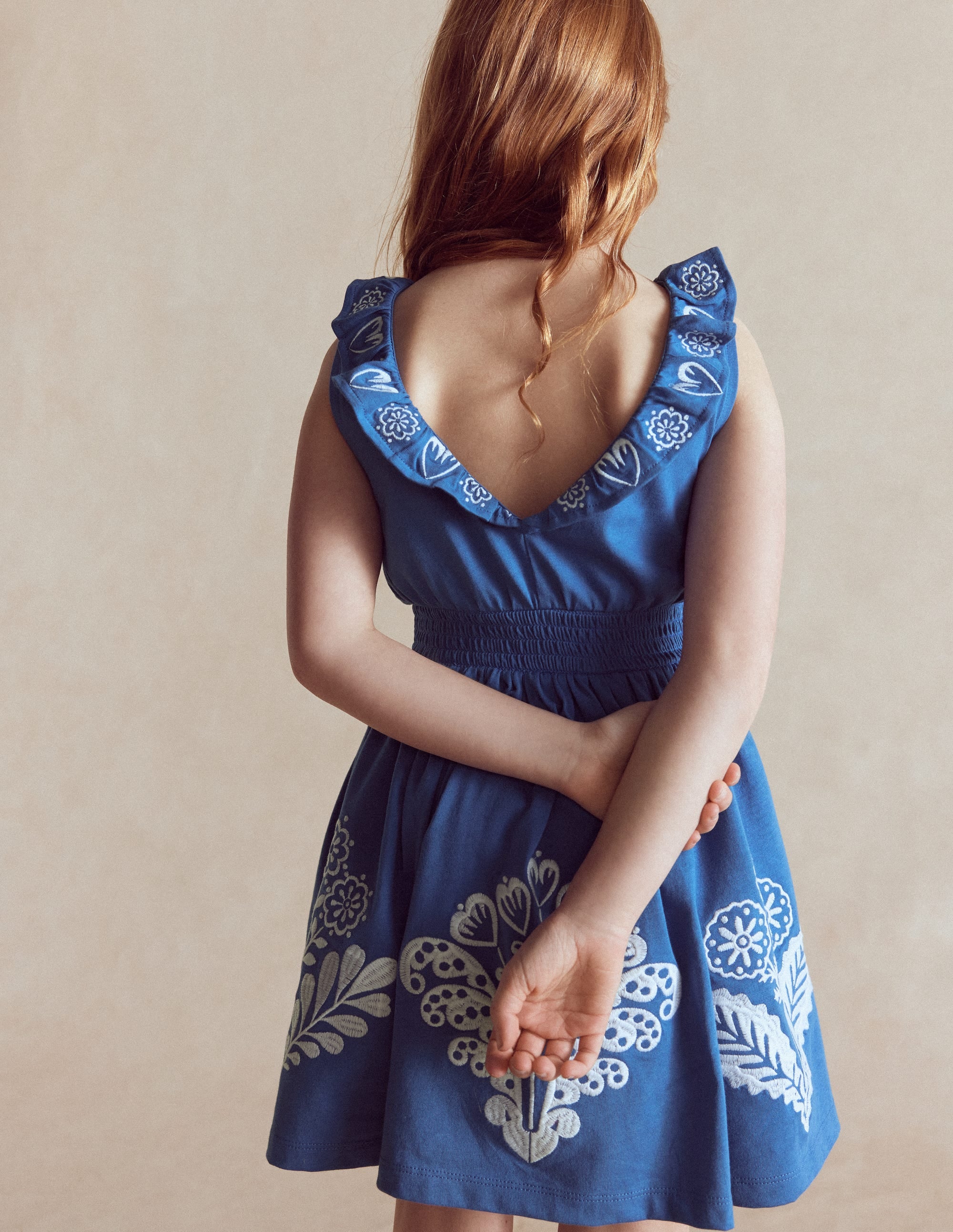Boden Girls Embroidered V-back dress in Blue