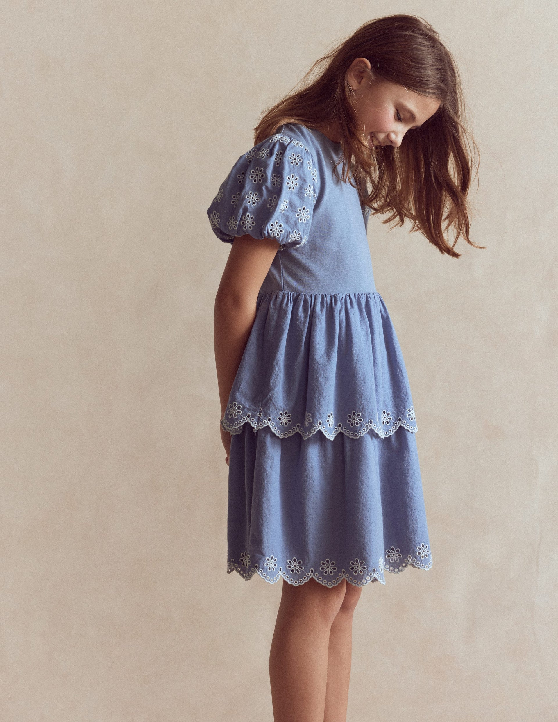 Boden Girls Broderie Rara Jersey Dress in Blue