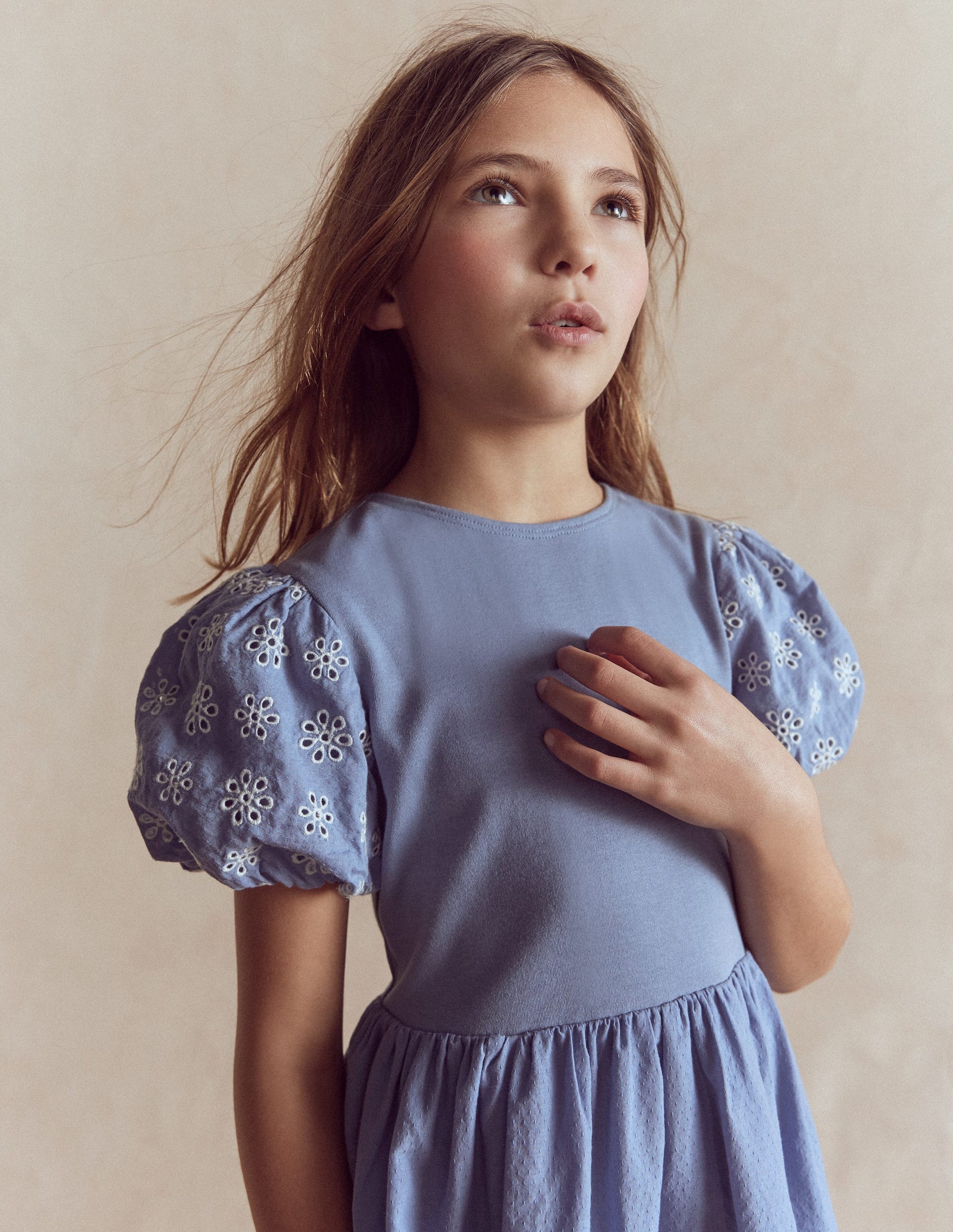 Boden Girls Broderie Rara Jersey Dress in Blue | Size 3-4 Years Boden Girls Broderie Rara Jersey Dress in Blue | Size 3-4 Years