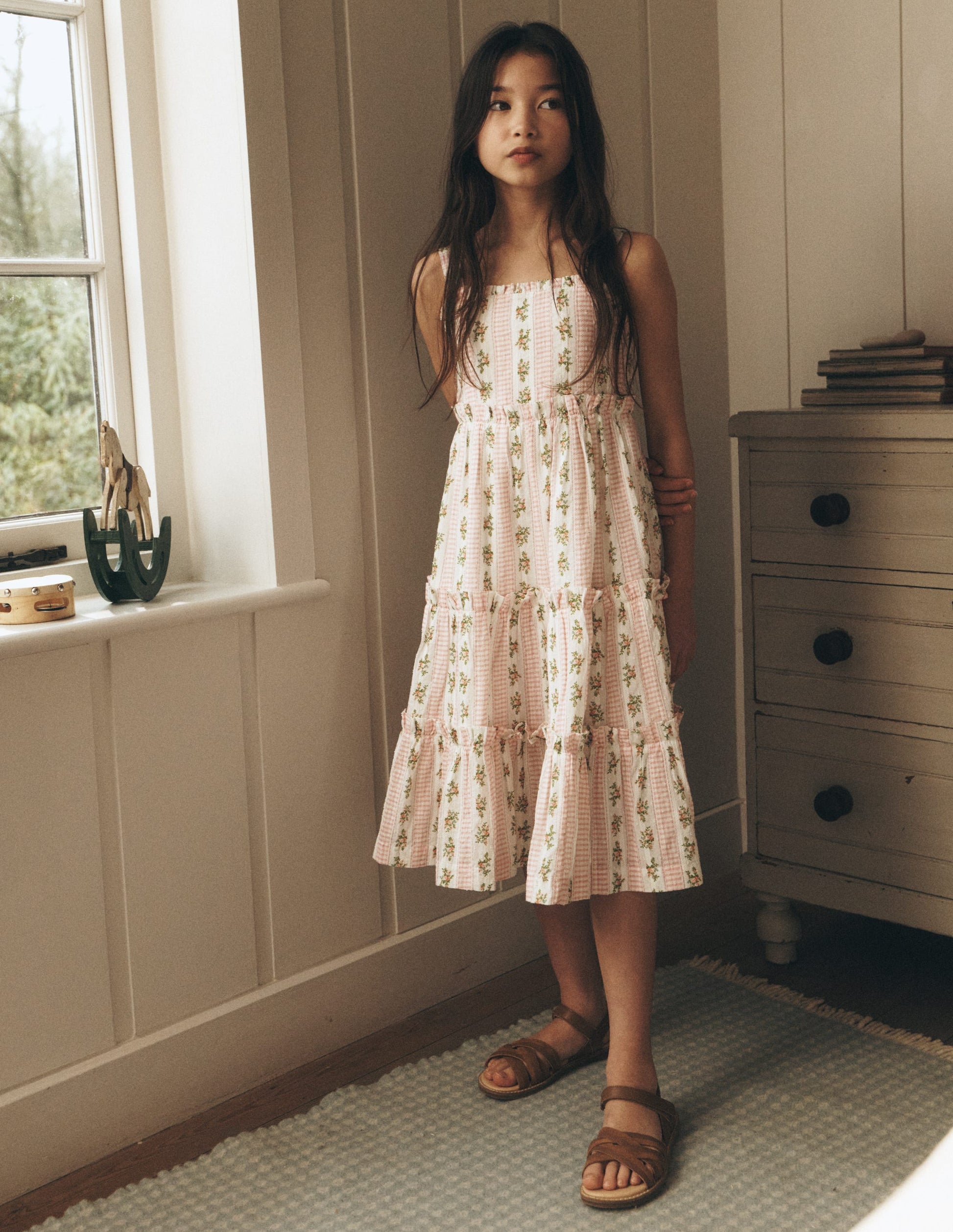 Tiered Midi Sundress-Soft Ivory Gingham Floral-1