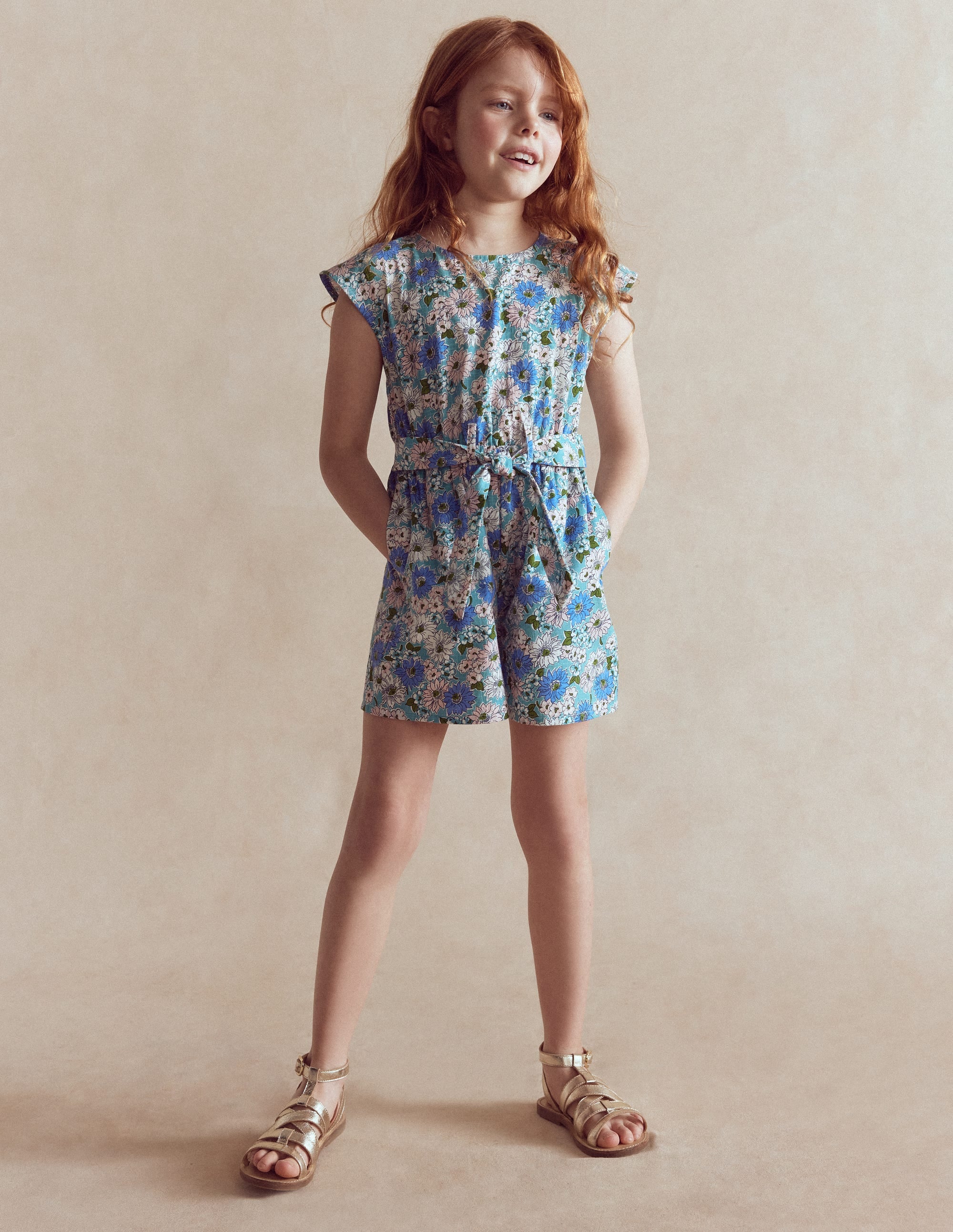 Tie Waist Woven Playsuit-Blue Floral - Image 1