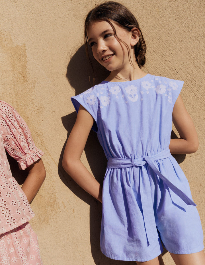 Tie Waist Woven Playsuit-Denim Embroidery