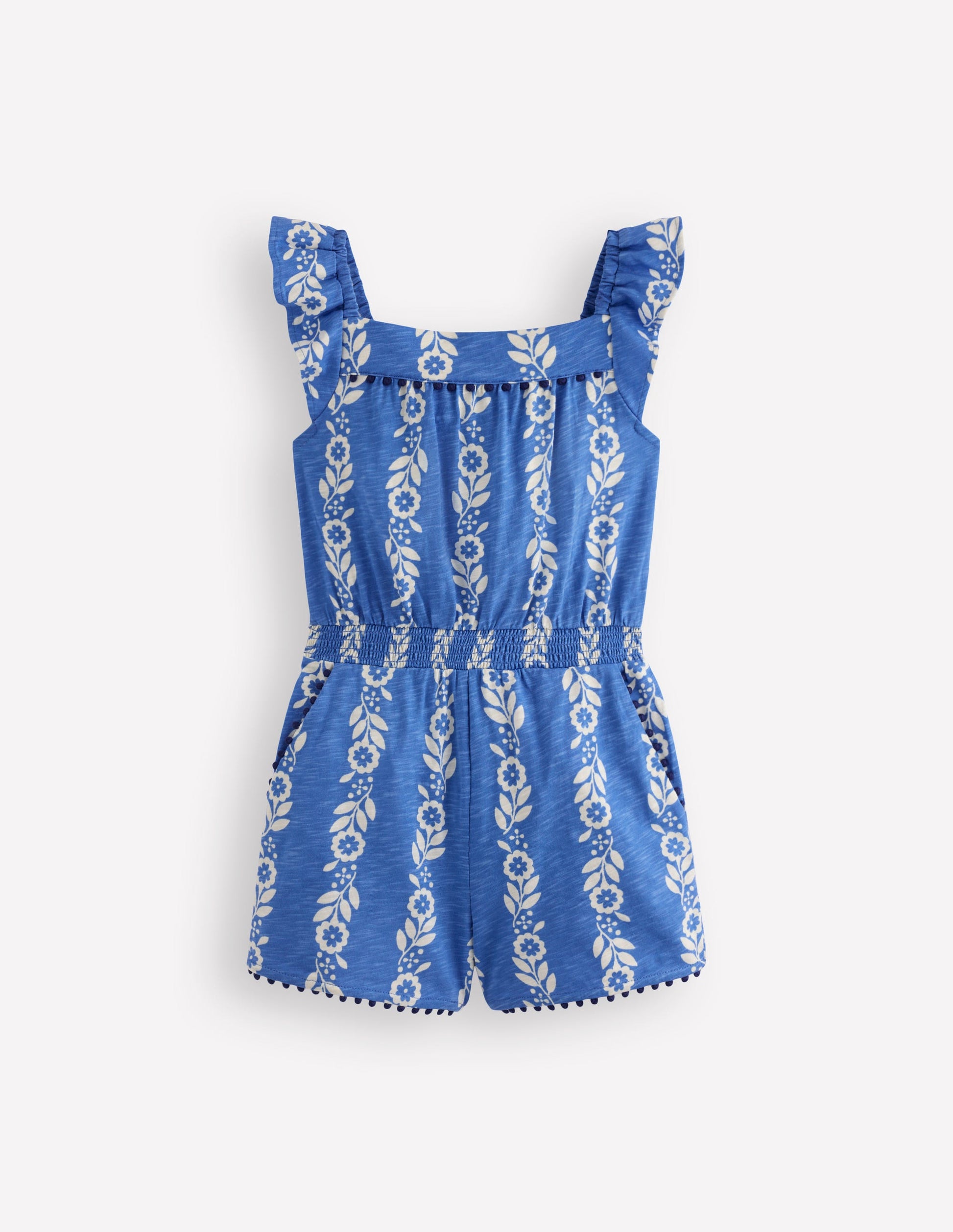 Boden Girls Ciara Pom Trim Jersey Romper in Blue