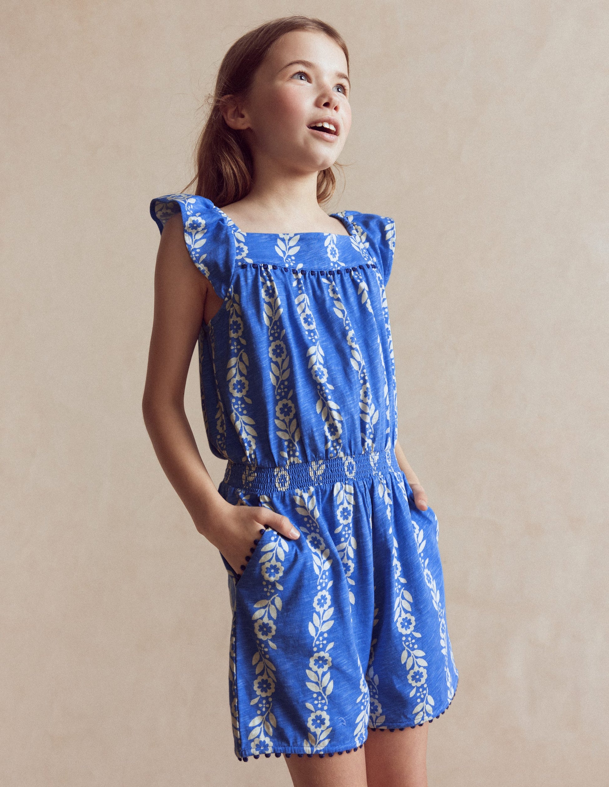 Ciara Pom Trim Jersey Romper-Blue Floral-1