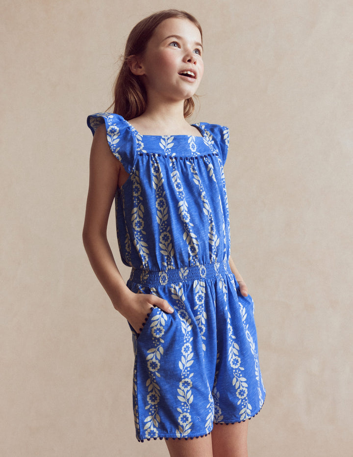 Ciara Pom Trim Jersey Romper-Blue Floral