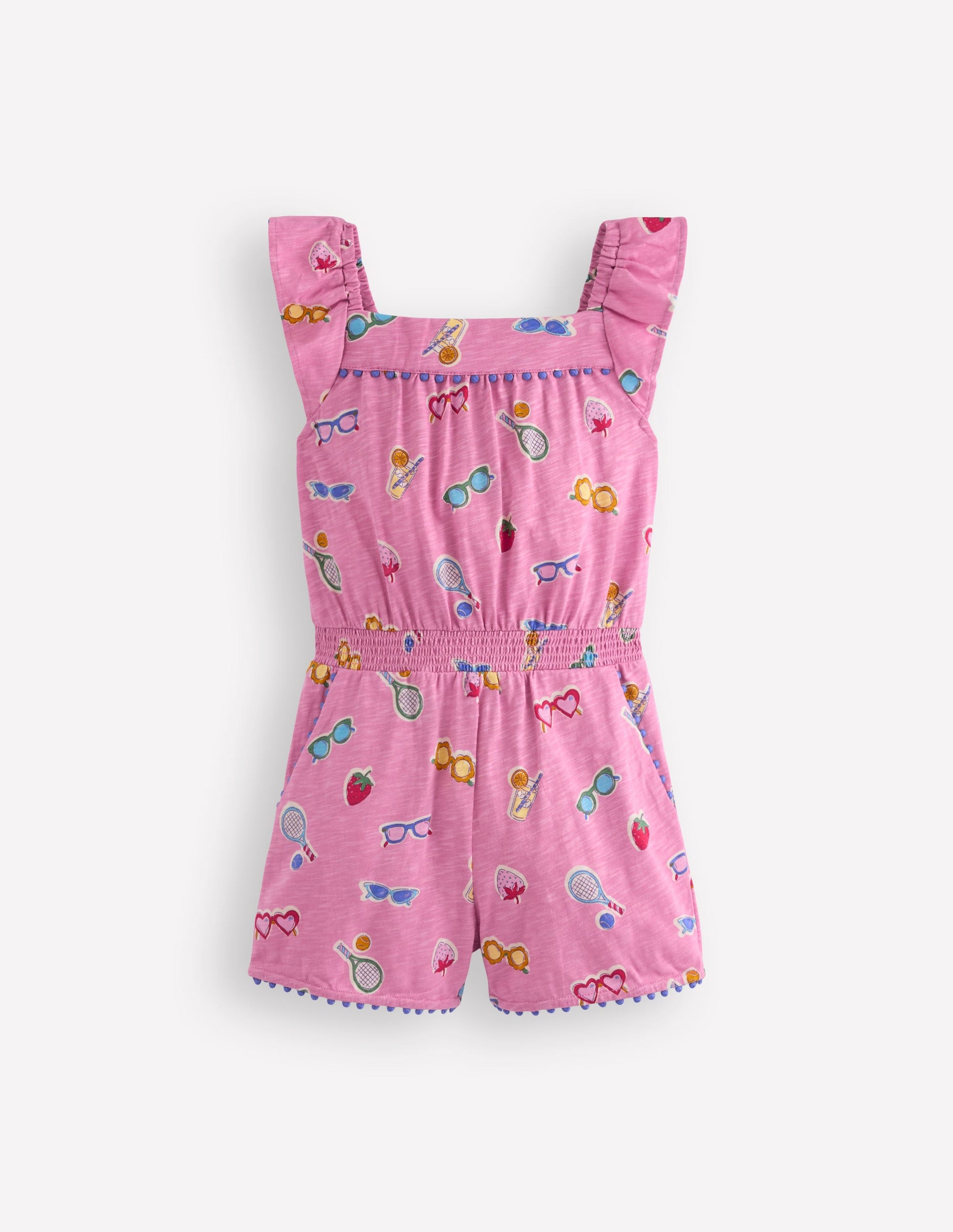 Boden Girls Ciara Pom Trim Jersey Romper in Pink