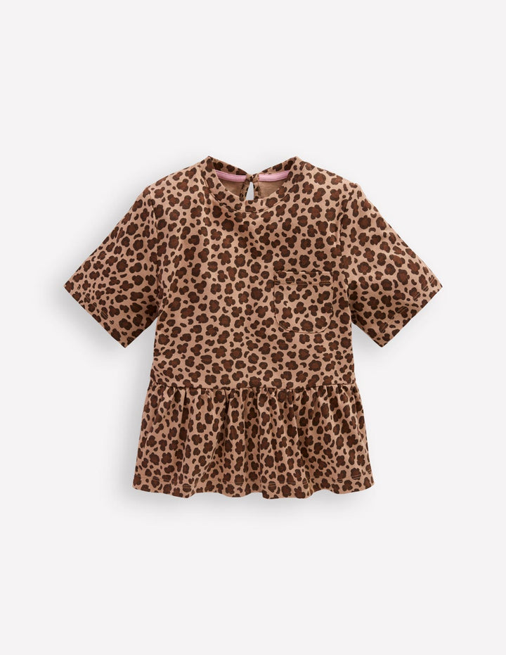 Short Sleeve Peplum Top-Partridge Brown Leopard Print
