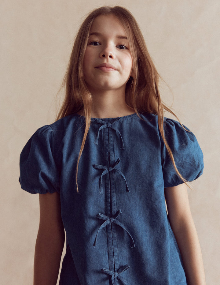 Bow Front Woven Top-Chambray