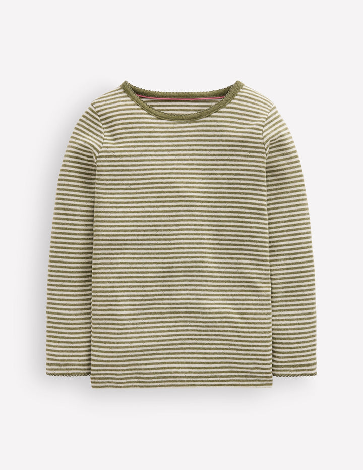 Long Sleeve Pointelle Top-Green Stripe
