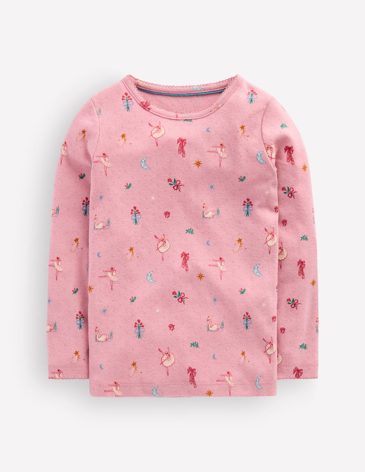 Long Sleeve Pointelle Top-Pink Swan Lake