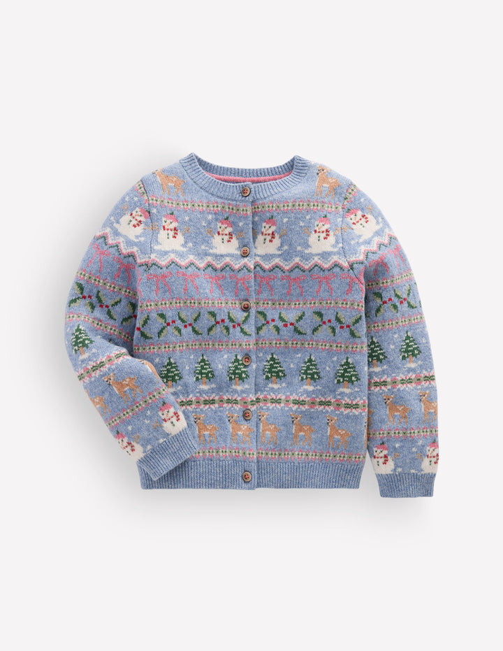 Edie Fair Isle Cardigan-Glacier Blue Snowy Christmas