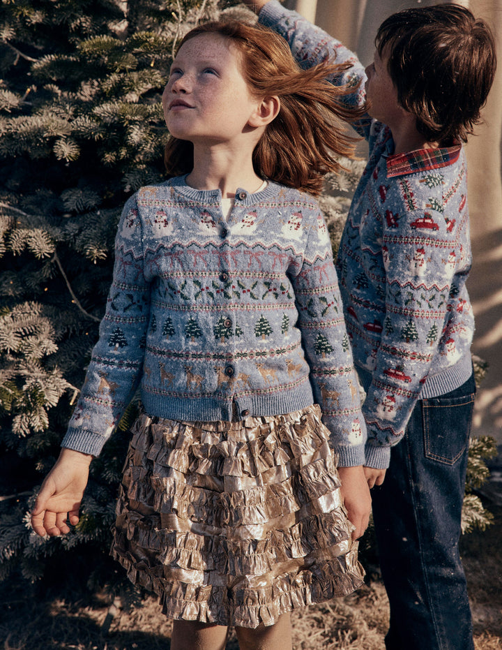 Edie Fair Isle Cardigan-Glacier Blue Snowy Christmas