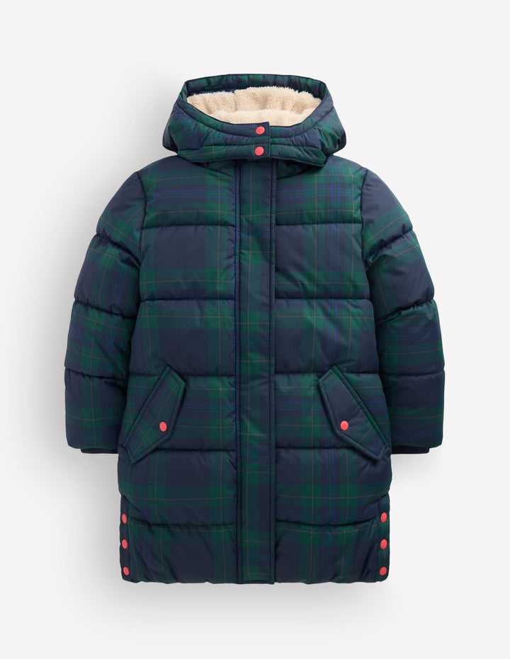 Longline Padded Coat-Blue Check