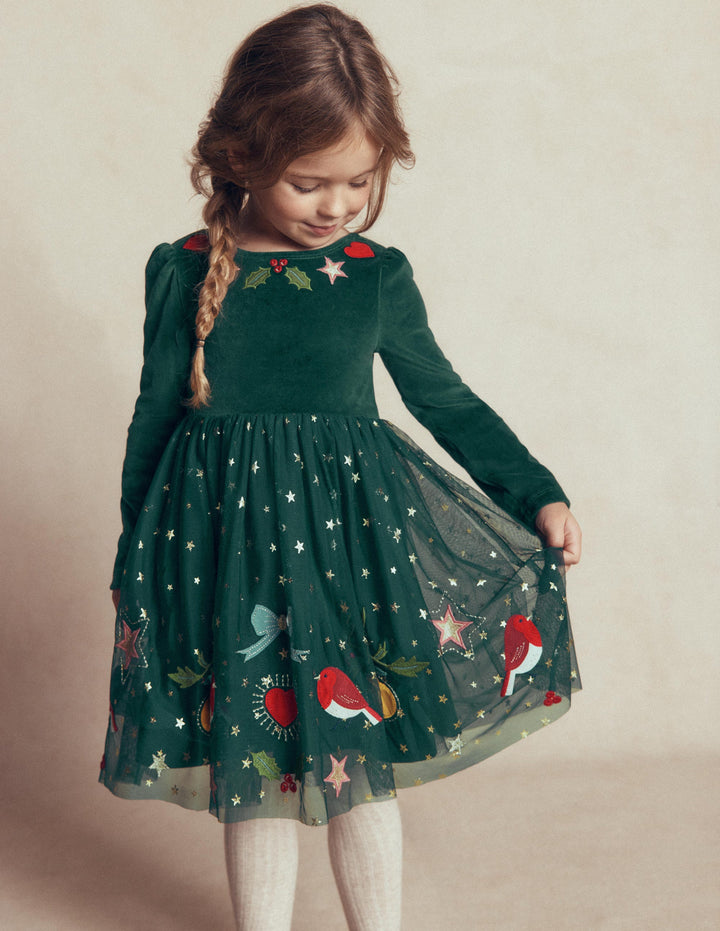 Aurora Appliqué Tulle Dress-Green Festive Robins
