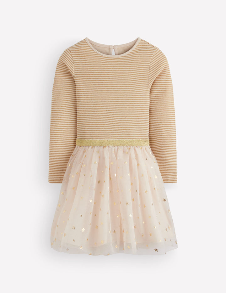 Twirly Tulle Mix Dress-Ivory/Gold