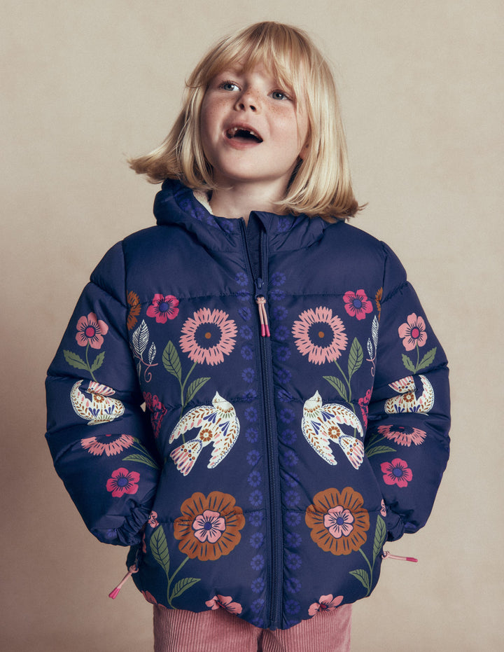 Fun Padded Coat-Navy Bird Placement Print