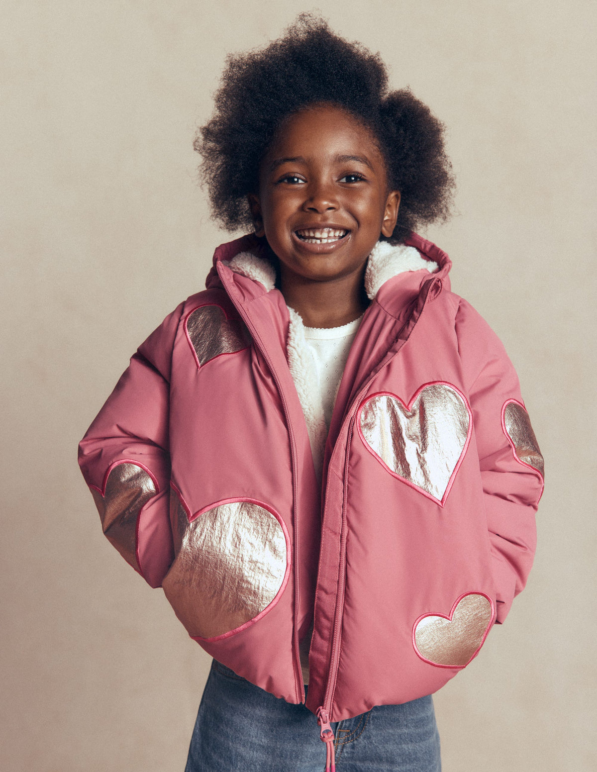 Fun Padded Coat-Pink Applique Metallic Hearts-1